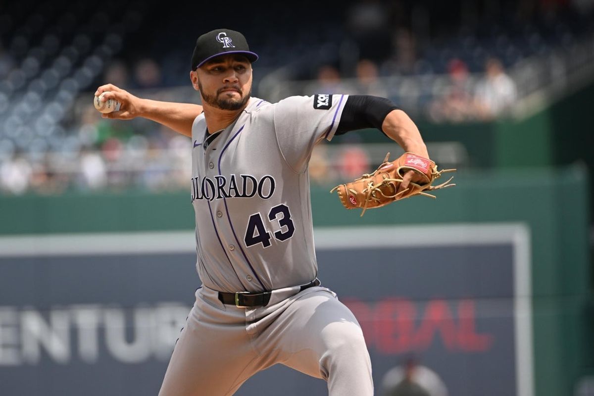 Aug 27, 2026; Washington, District of Columbia, USA; Colorado Rockies pitcher Gabriel Hughes (43) throws to the Washington Nationals during the first inning at Nationals Park. Mandatory Credit: Brad Mills-Imagn Images