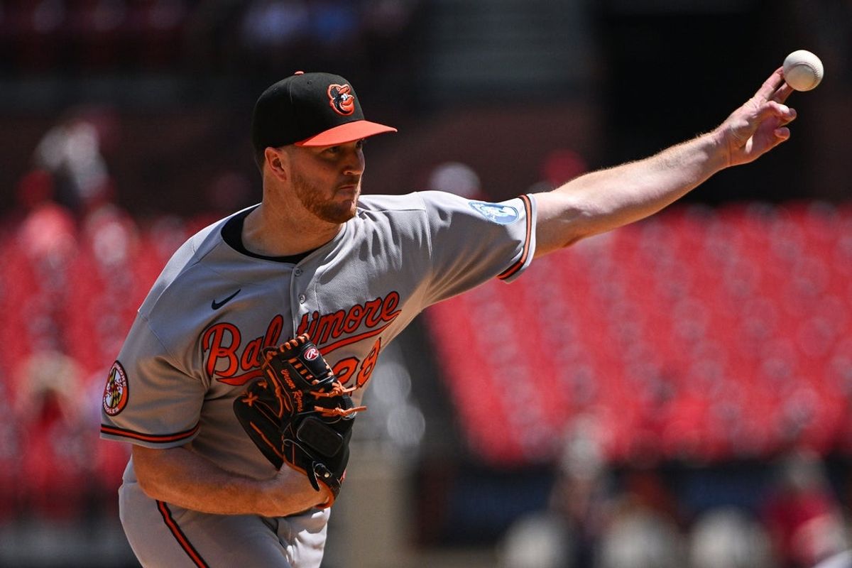 Aug 27, 2026; St. Louis, Missouri, USA; Baltimore Orioles starting pitcher Trevor Rogers (28) throws against the St. Louis Cardinals during the first inning at Busch Stadium. Mandatory Credit: Jeff Curry-Imagn Images