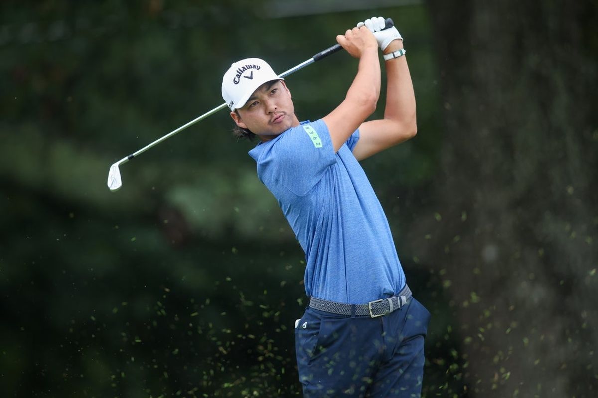 Aug 27, 2026; Atlanta, Georgia, USA; Min Woo Lee plays his shot on the third tee box during the first round of the TOUR Championship golf tournament. Mandatory Credit: Brett Davis-Imagn Images