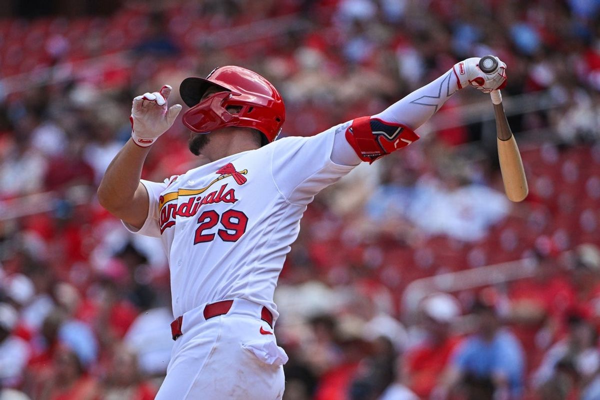 Aug 27, 2026; St. Louis, Missouri, USA; St. Louis Cardinals second baseman Ramon Urias (29) hits a two run home run against the Baltimore Orioles during the fourth inning at Busch Stadium. Mandatory Credit: Jeff Curry-Imagn Images