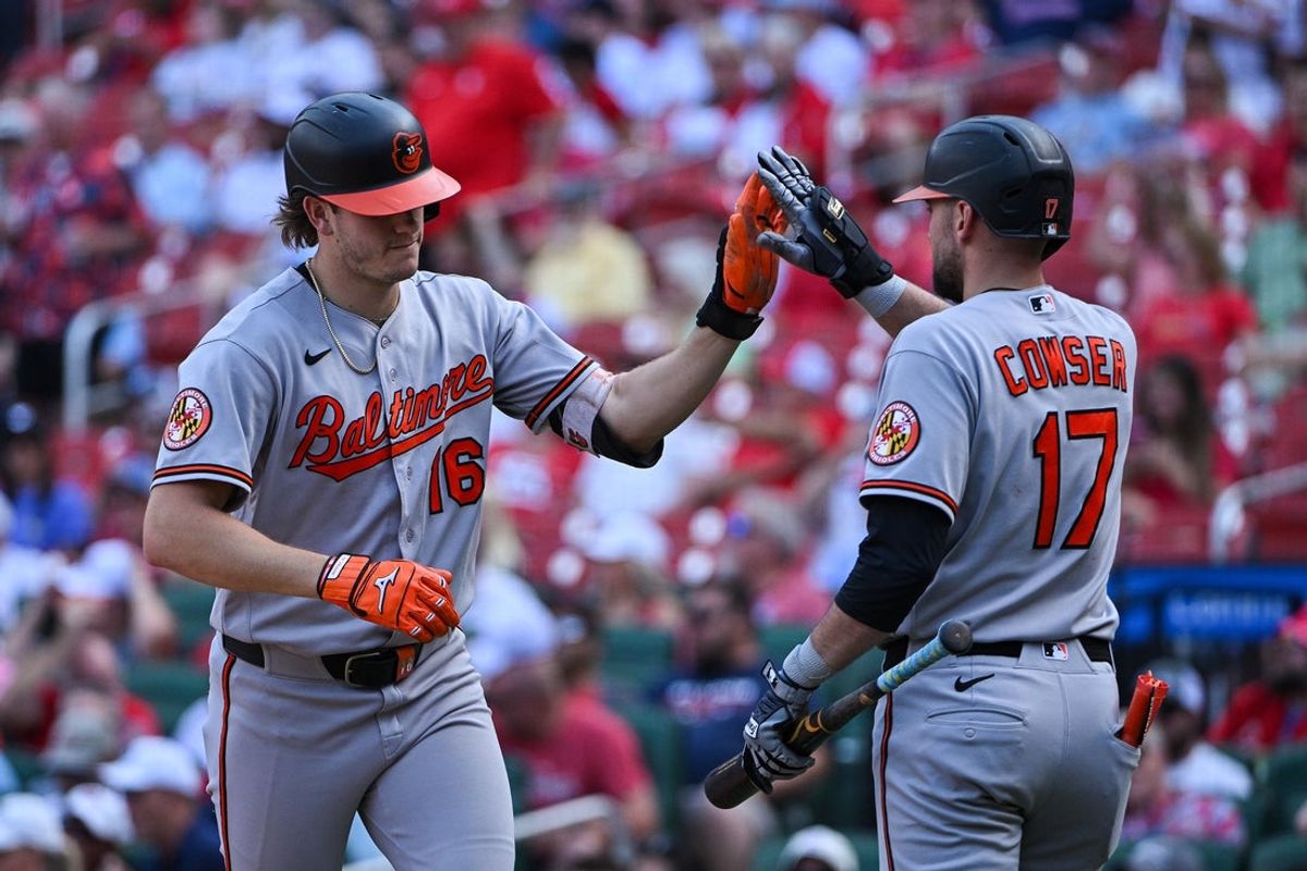 Aug 27, 2026; St. Louis, Missouri, USA; Baltimore Orioles first baseman Coby Mayo (16) is congratulated by center fielder Colton Cowser (17) after hitting a three run home run against the St. Louis Cardinals during the seventh inning at Busch Stadium. Mandatory Credit: Jeff Curry-Imagn Images