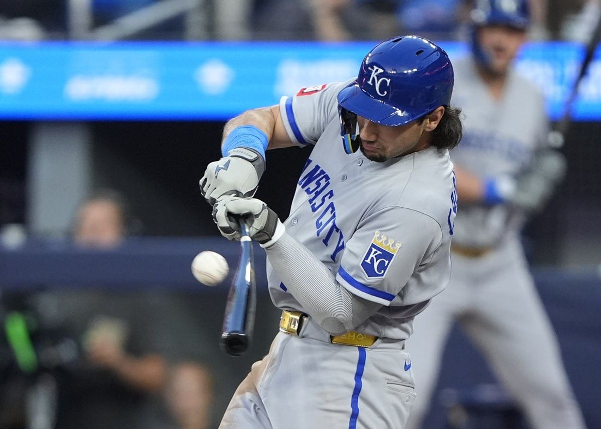Aug 27, 2026; Toronto, Ontario, CAN;  Kansas City Royals outfielder Jac Caglianone (14) hits a 2-RBI single during the second inning against the Toronto Blue Jays at Rogers Centre.  Mandatory Credit: John E. Sokolowski-Imagn Images
