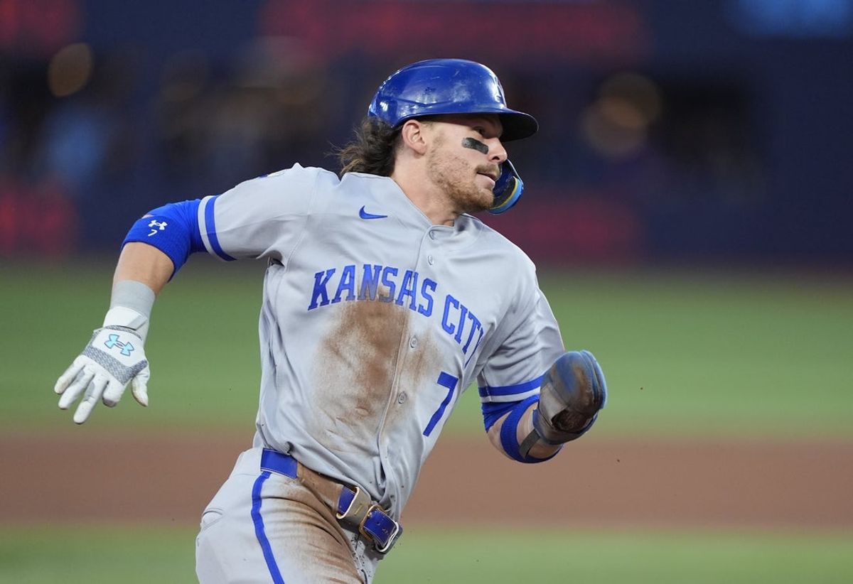 Aug 27, 2026; Toronto, Ontario, CAN;  Kansas City Royals shortstop Bobby Witt Jr. (7) runs home to score a run during the second inning against the Toronto Blue Jays at Rogers Centre.  Mandatory Credit: John E. Sokolowski-Imagn Images