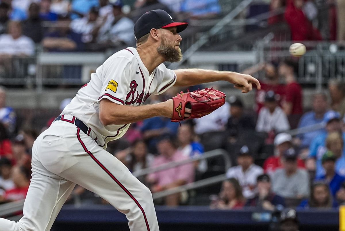 Aug 27, 2026; Cumberland, Georgia, USA; Atlanta Braves pitcher Chris Sale (51) pitches against the Los Angeles Dodgers during the second inning at Truist Park. Mandatory Credit: Dale Zanine-Imagn Images