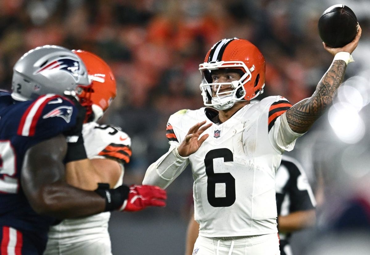 Aug 27, 2026; Cleveland, Ohio, USA;  Cleveland Browns quarterback Dillon Gabriel (6) throws a pass against the New England Patriots during the first half at Huntington Bank Field.  Mandatory Credit: Ken Blaze-Imagn Images