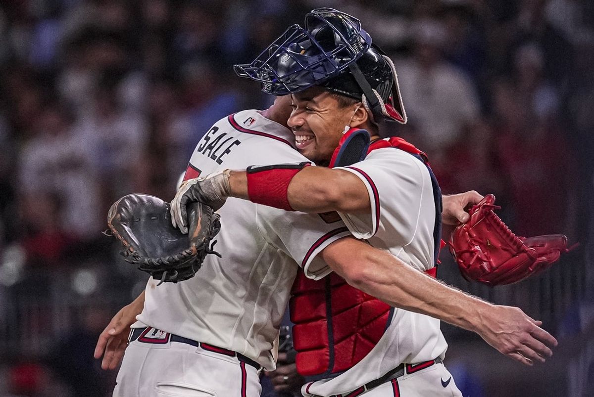 Aug 27, 2026; Cumberland, Georgia, USA; Atlanta Braves pitcher Chris Sale (51) reacts with catcher Drake Baldwin (30) after the Braves defeated the Los Angeles Dodgers at Truist Park. Mandatory Credit: Dale Zanine-Imagn Images