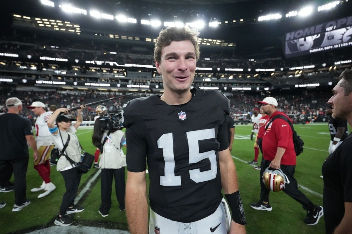 Aug 27, 2026; Paradise, Nevada, USA;  Las Vegas Raiders quarterback Fernando Mendoza (15) reacts while walking on the field after a game against the San Francisco 49ers at Allegiant Stadium.  Mandatory Credit: Kirby Lee-Imagn Images