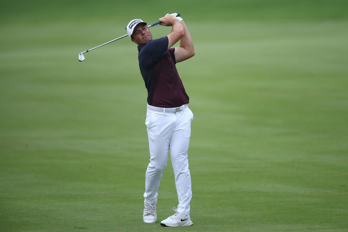 Aug 28, 2026; Atlanta, Georgia, USA; Viktor Hovland plays his shot on the first hole during the second round of the TOUR Championship golf tournament. Mandatory Credit: Brett Davis-Imagn Images