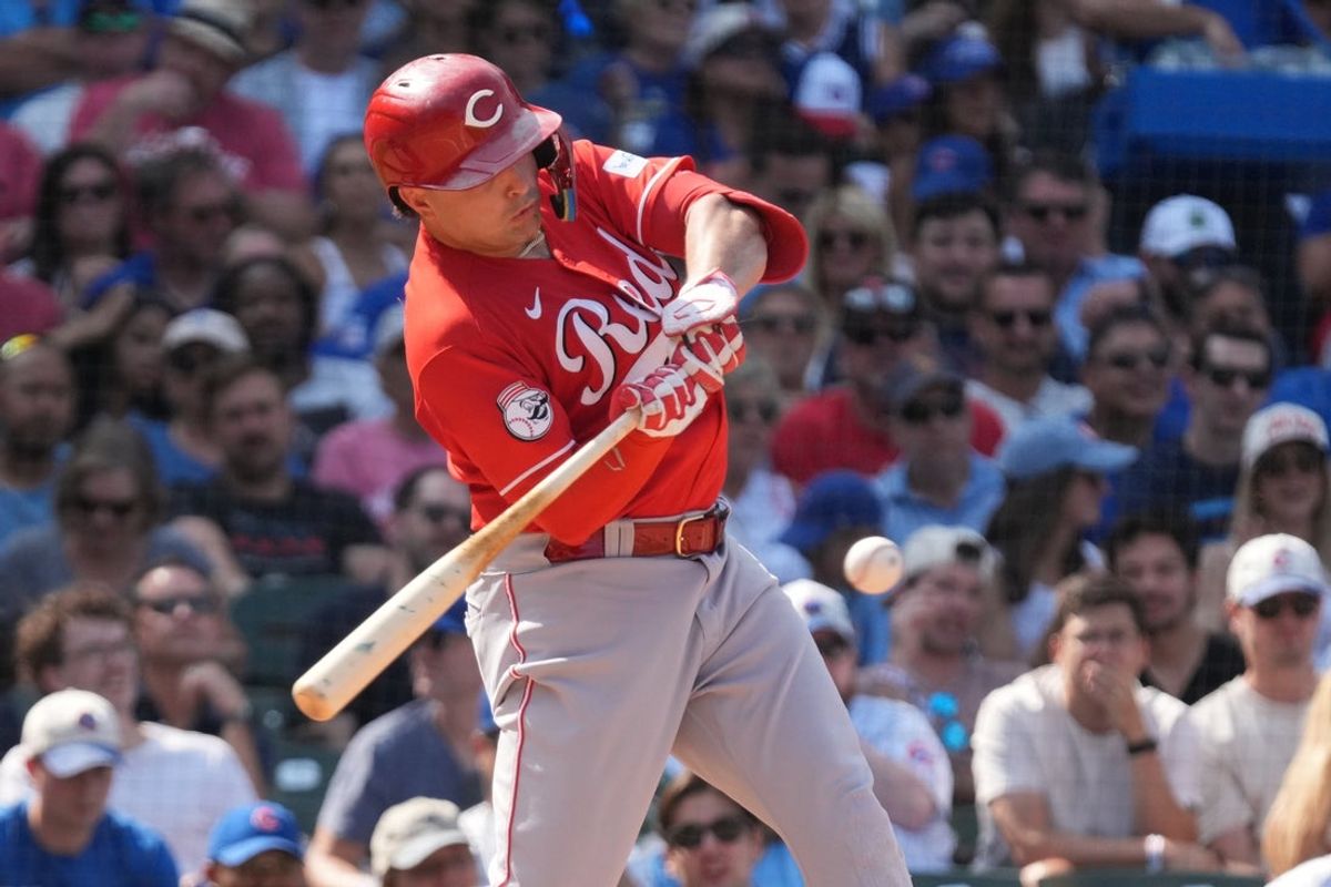 Aug 28, 2026; Chicago, Illinois, USA;  Cincinnati Reds first baseman Sal Stewart (27) hits a single against the Chicago Cubs during the sixth inning at Wrigley Field.  Mandatory Credit: David Banks-Imagn Images