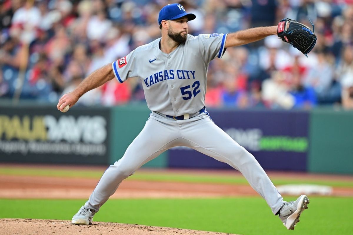 Aug 28, 2026; Cleveland, Ohio, USA;  Kansas City Royals pitcher Michael Wacha (52) throws a pitch during the first inning against the Cleveland Guardians at Progressive Field.  Mandatory Credit: David Dermer-Imagn Images