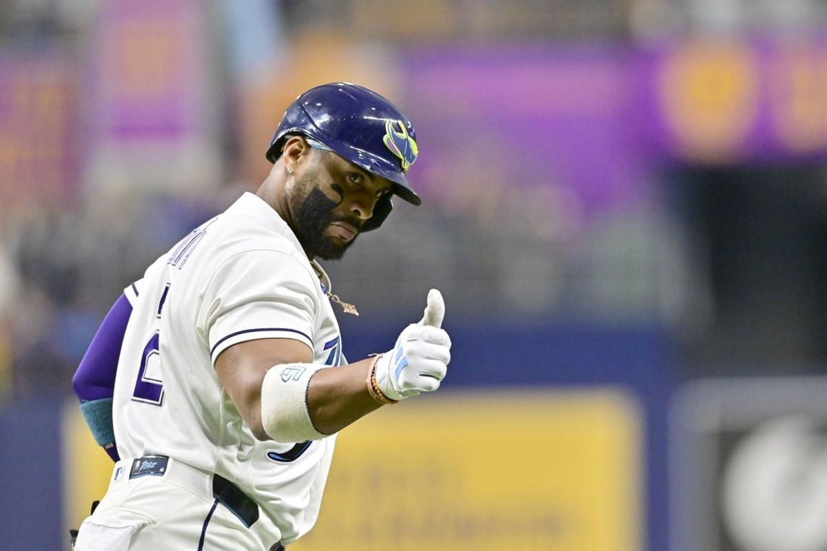 Aug 28, 2026; St. Petersburg, Florida, USA;  Tampa Bay Rays designated hitter Yandy Diaz (2) celebrates a home run during the third inning against San Diego Padres at Tropicana Field.  Mandatory Credit: Pablo Robles-Imagn Images