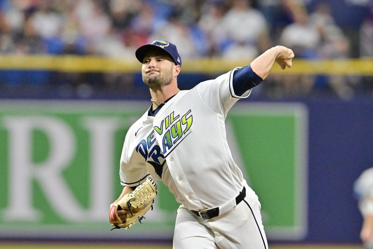 Aug 28, 2026; St. Petersburg, Florida, USA;  Tampa Bay Rays pitcher Shane McClanahan (18) delivers a pitch during the third inning against San Diego Padres at Tropicana Field.  Mandatory Credit: Pablo Robles-Imagn Images