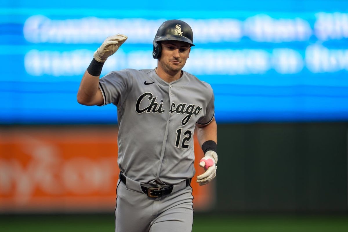 Aug 28, 2026; Minneapolis, Minnesota, USA;  Chicago White Sox shortstop Colson Montgomery (12) celebrates hitting a three run home run against the Minnesota Twins in the first inning at Target Field.  Mandatory Credit: Jesse Johnson-Imagn Images