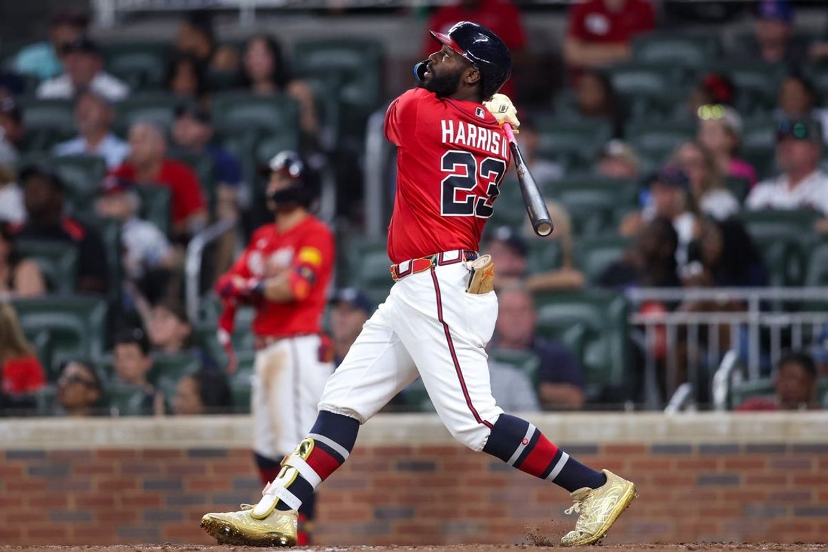 Aug 28, 2026; Atlanta, Georgia, USA; Atlanta Braves center fielder Michael Harris II (23) hits a two-run home run against the Colorado Rockies in the fifth inning at Truist Park. Mandatory Credit: Brett Davis-Imagn Images