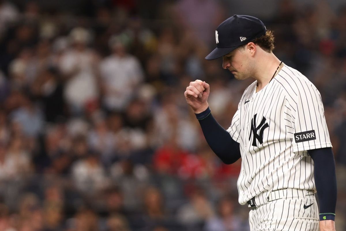 Aug 28, 2026; Bronx, New York, USA;  New York Yankees pitcher Cam Schlittler (31) reacts after exiting the game against the Boston Red Sox during the sixth inning at Yankee Stadium.  Mandatory Credit: Tom Horak-Imagn Images