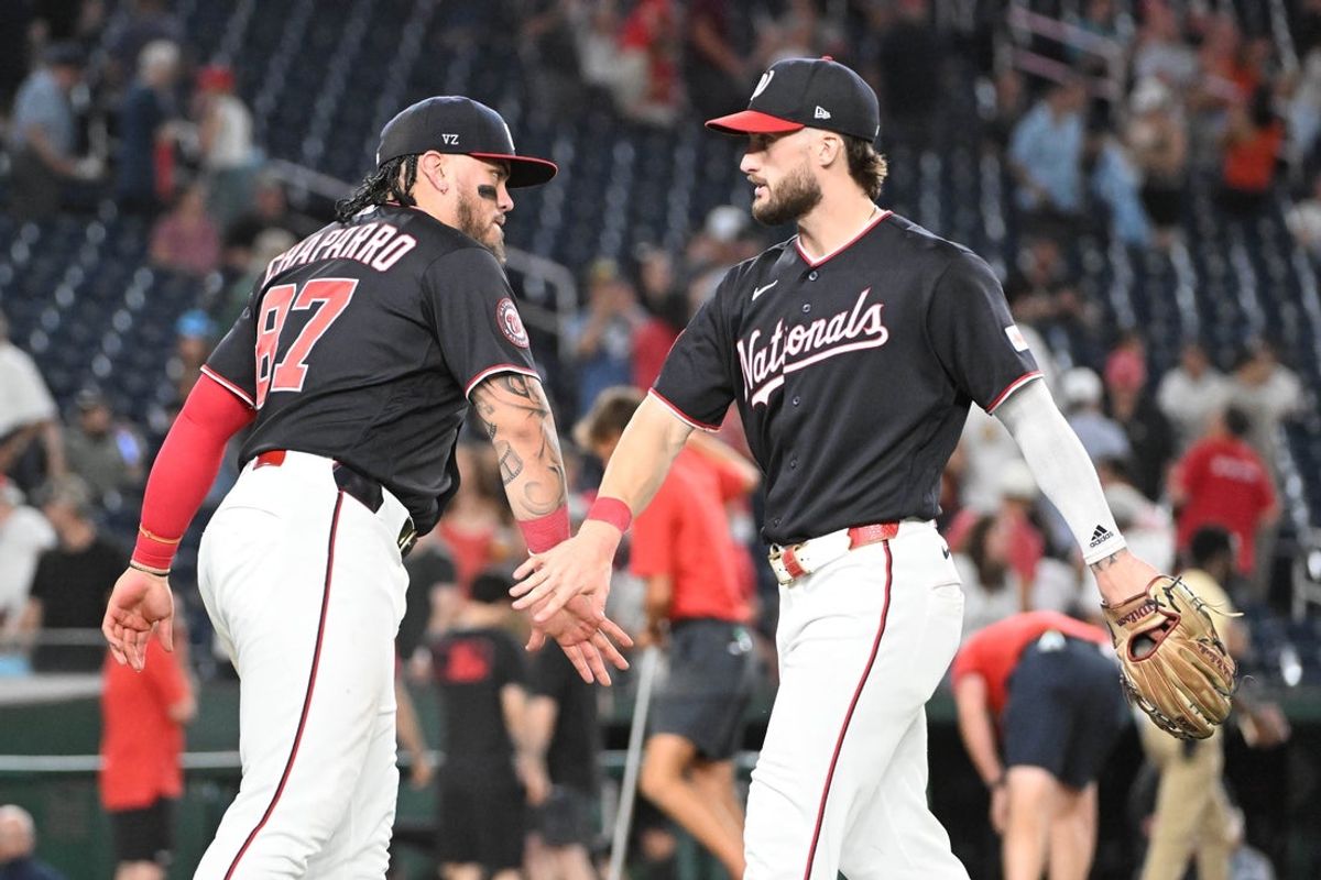 Aug 28, 2026; Washington, District of Columbia, USA; Washington Nationals right fielder Dylan Crews (3) and first baseman Andrés Chaparro (87) celebrate after defeating the Miami Marlins at Nationals Park. Mandatory Credit: Brad Mills-Imagn Images