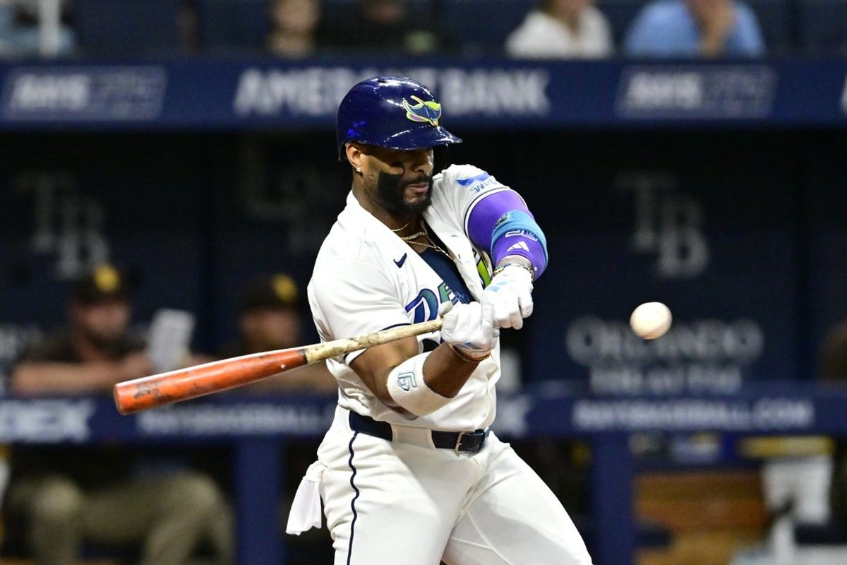 Aug 28, 2026; St. Petersburg, Florida, USA;  Tampa Bay Rays designated hitter Yandy Diaz (2) swings at a pitch during the eighth inning against San Diego Padres at Tropicana Field.  Mandatory Credit: Pablo Robles-Imagn Images