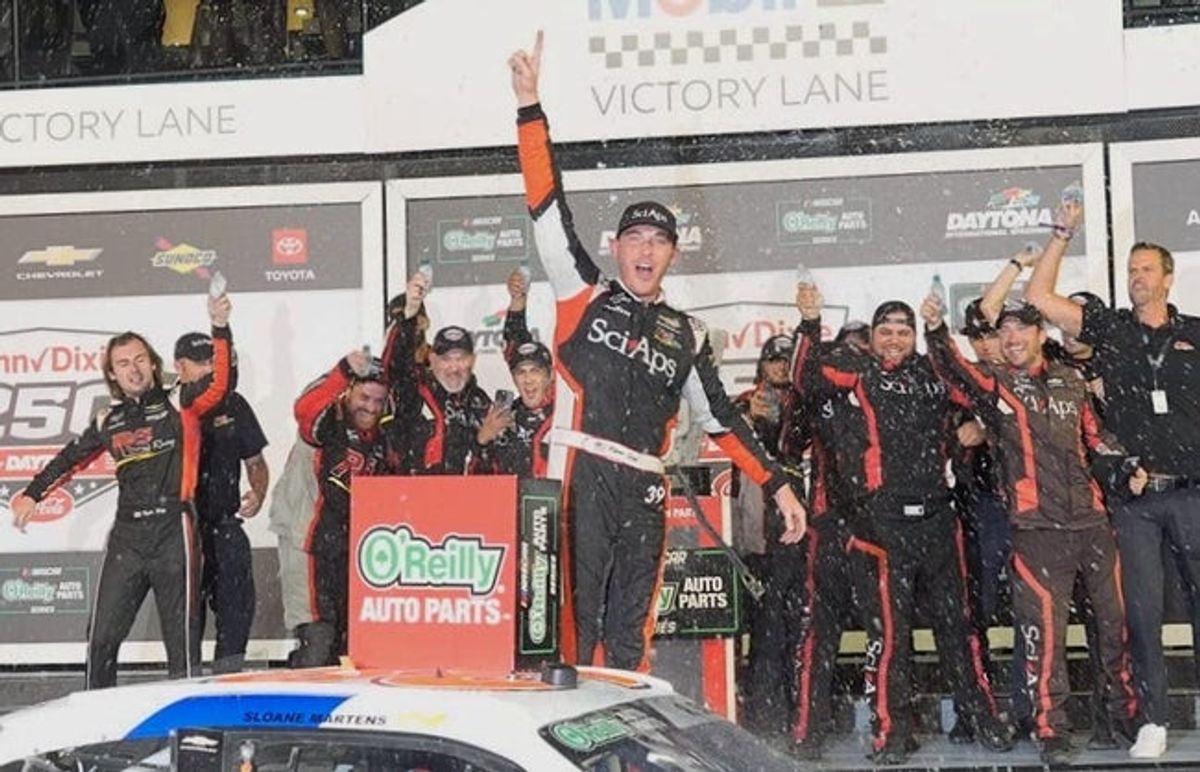 Ryan Sieg celebrates in Victory Lane after winning the NASCAR O'Reilly Auto Parts Series' Winn-Dixie 250 on Aug. 28, 2026, at Daytona International Speedway.