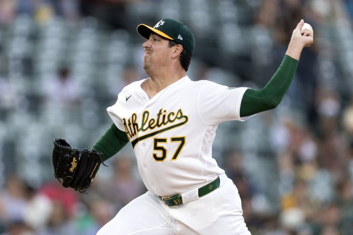 Aug 28, 2026; West Sacramento, California, USA;  Athletics starting pitcher Jacob Lopez (57) delivers a pitch against the Baltimore Orioles during the first inning at Sutter Health Park.  Mandatory Credit: D. Ross Cameron-Imagn Images