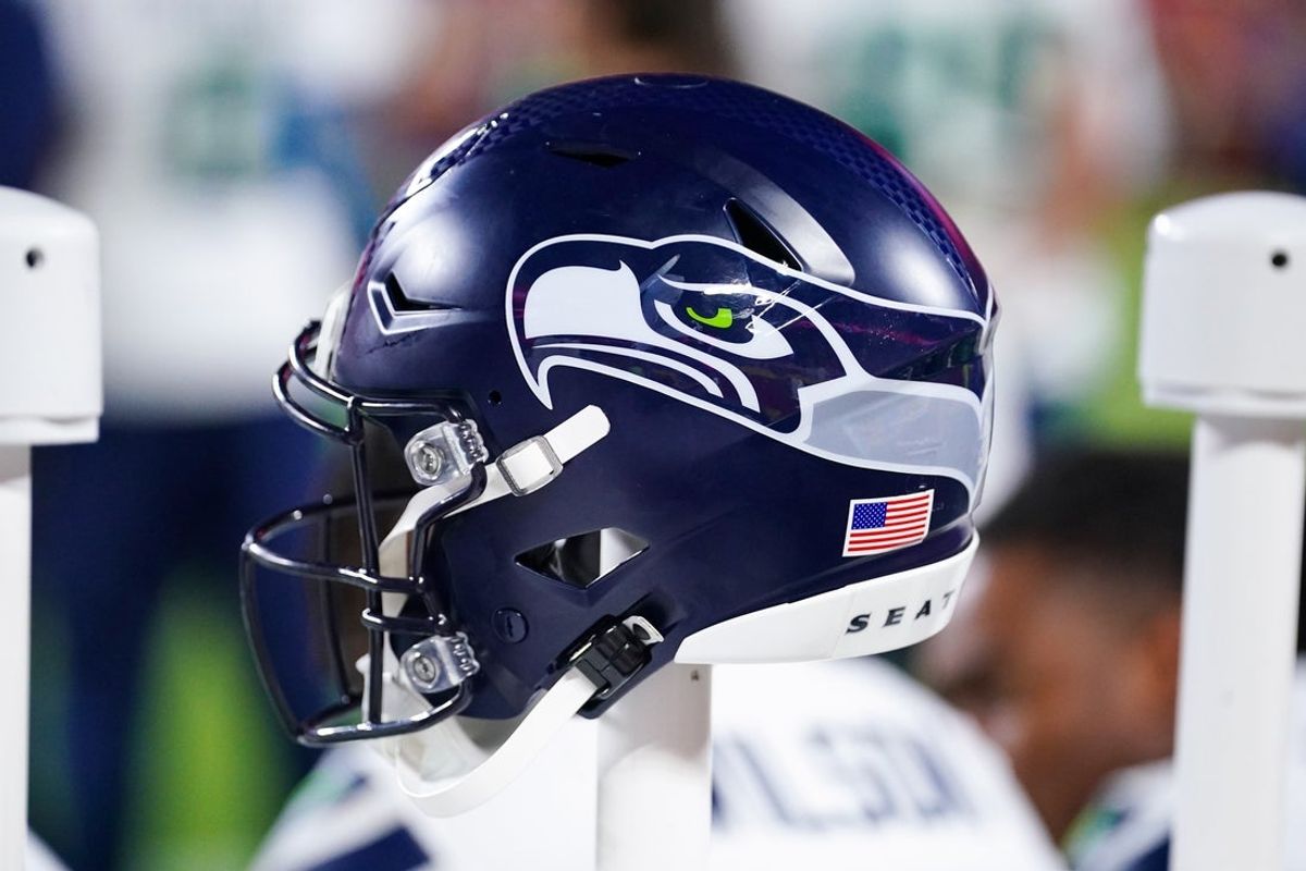 Aug 28, 2026; Kansas City, Missouri, USA; A general view of a Seattle Seahawks helmet against the Kansas City Chiefs during the second half of the game at Arrowhead Stadium. Mandatory Credit: Denny Medley-Imagn Images