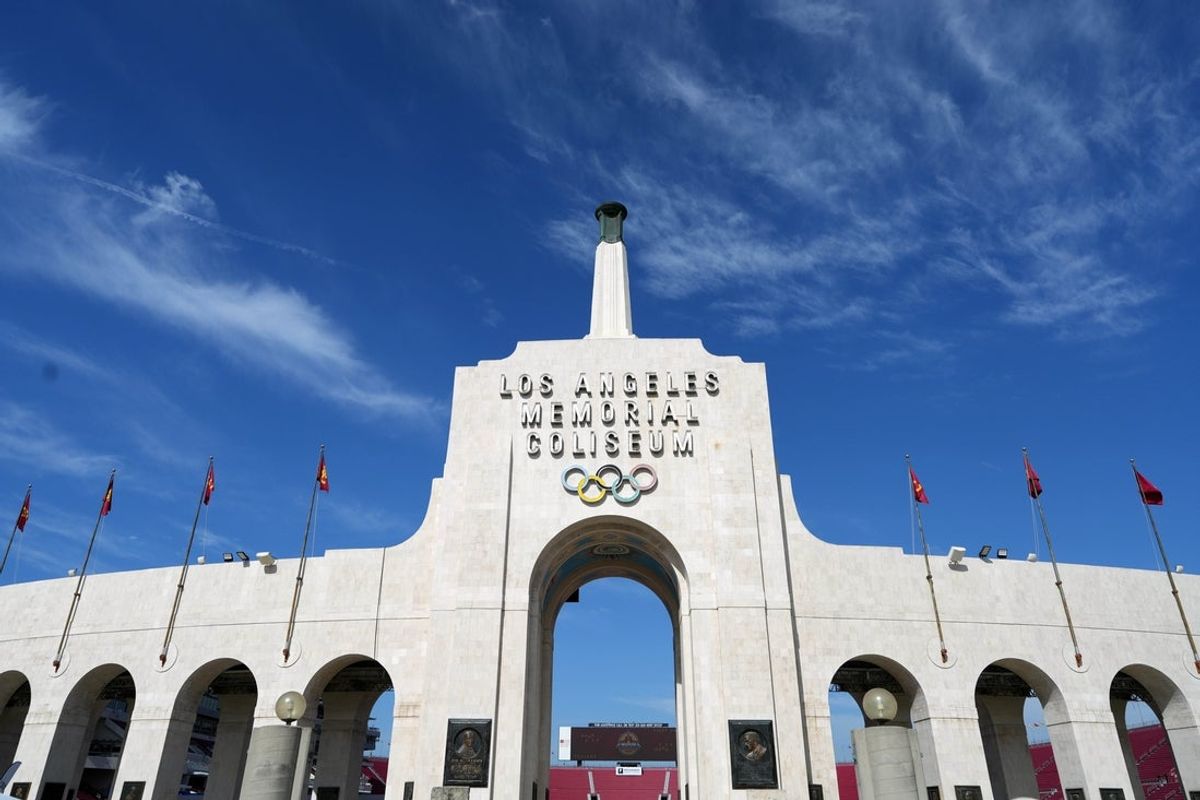 Aug 29, 2026; Los Angeles, California, USA; A general overall view of the Los Angeles Memorial Coliseum peristyle and Olympic torch. Mandatory Credit: Kirby Lee-Imagn Images