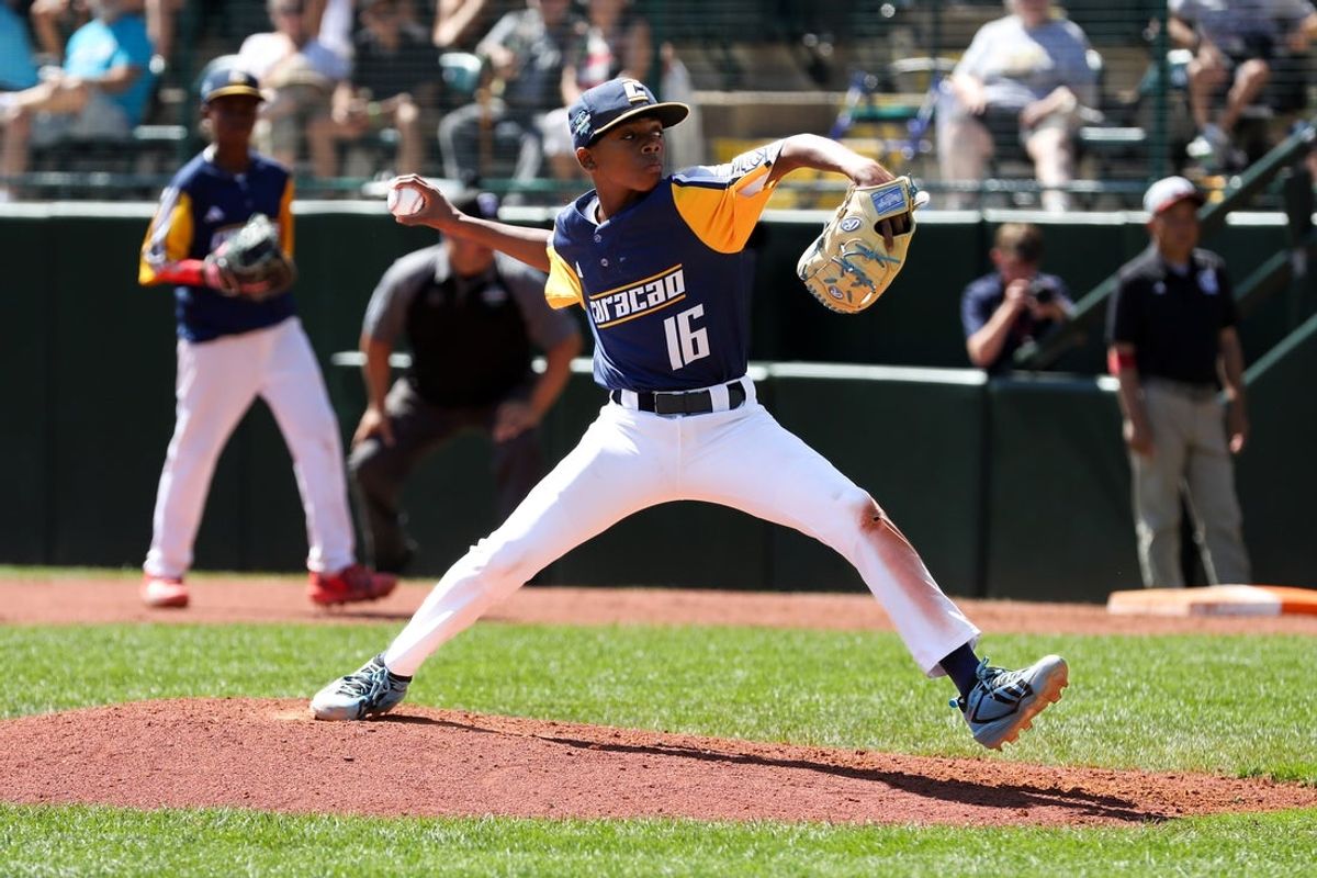 Aug 29, 2026; South Williamsport, PA, USA;  Curacao Region starting pitcher Jaymiell Martina (16) throws a pitch during the fourth inning against the Japan Region in the International Championship game at Howard J. Lamade Stadium.  Mandatory Credit: Matthew O'Haren-Imagn Images