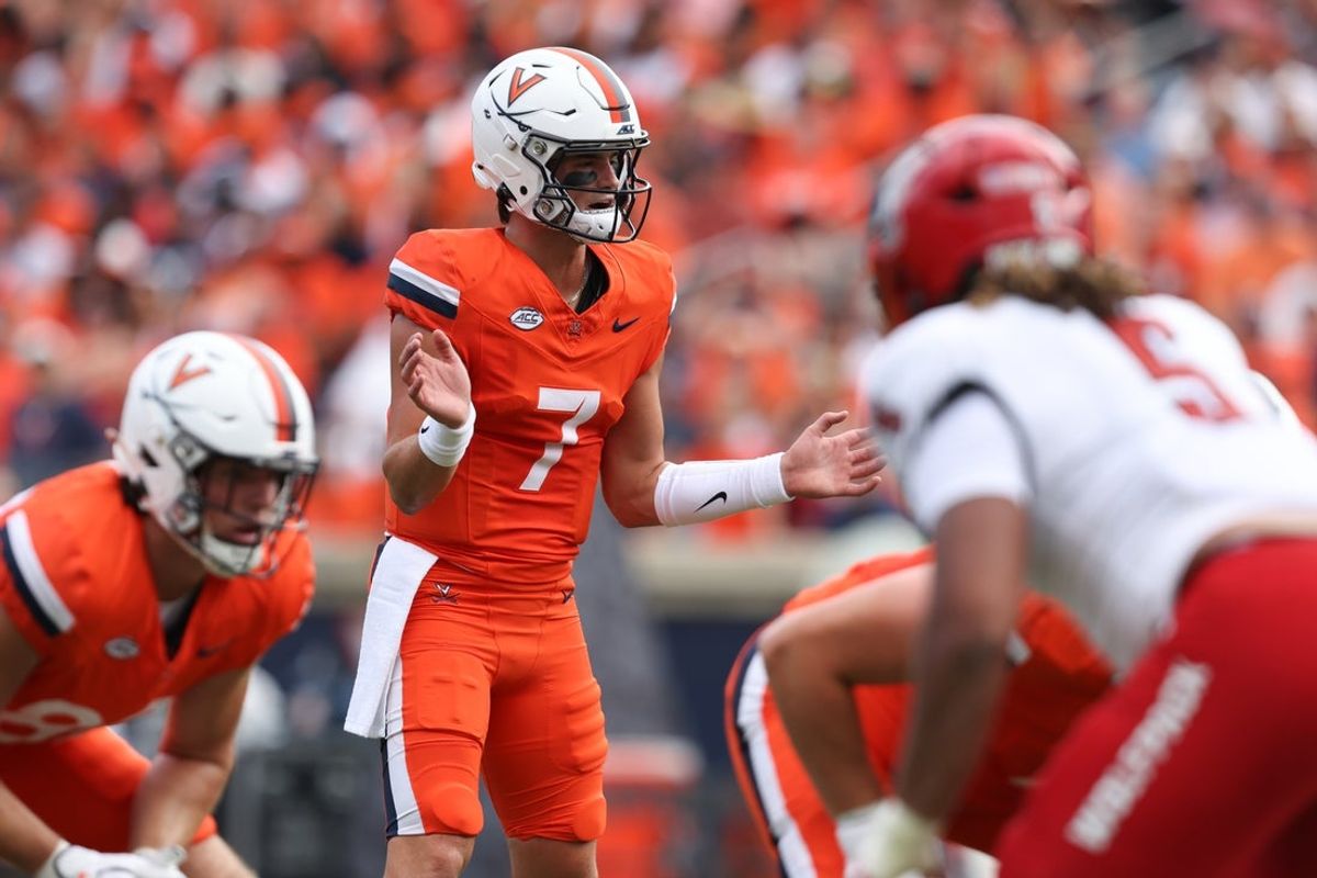 Aug 29, 2026; Charlottesville, Virginia, USA;  Virginia Cavaliers quarterback Beau Pribula (7) pre-snap during the first quarter against the North Carolina State Wolfpack at Scott Stadium.  Mandatory Credit: Greg Atkins-Imagn Images