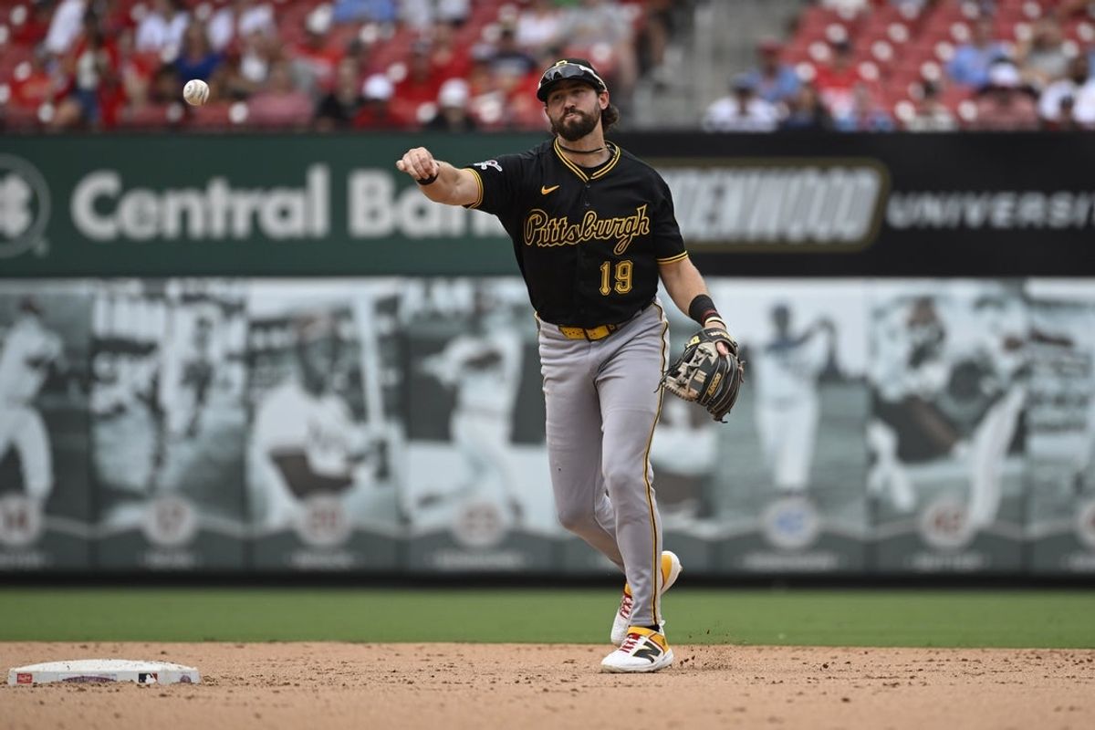 Aug 29, 2026; St. Louis, Missouri, USA;  Pittsburgh Pirates third baseman Jared Triolo (19) throws out St. Louis Cardinals center fielder Nathan Church (27) (not pictured) at first base in the eighth inning at Busch Stadium.  Mandatory Credit: Joe Puetz-Imagn Images