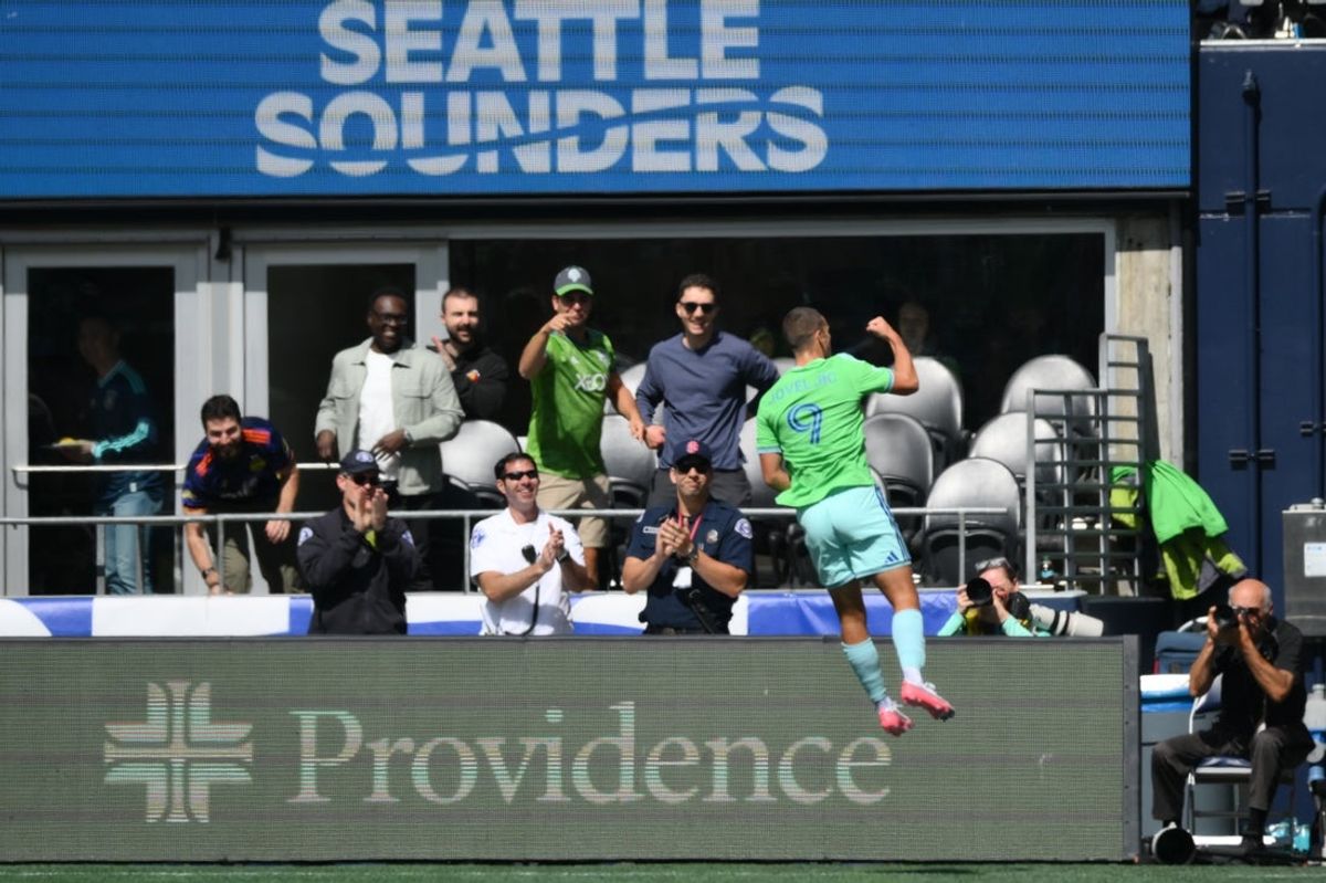 Aug 29, 2026; Seattle, Washington, USA; Seattle Sounders FC forward Dejan Joveljic (9) celebrates after scoring a goal against the Chicago Fire FC during the first half at Lumen Field. Mandatory Credit: Steven Bisig-Imagn Images