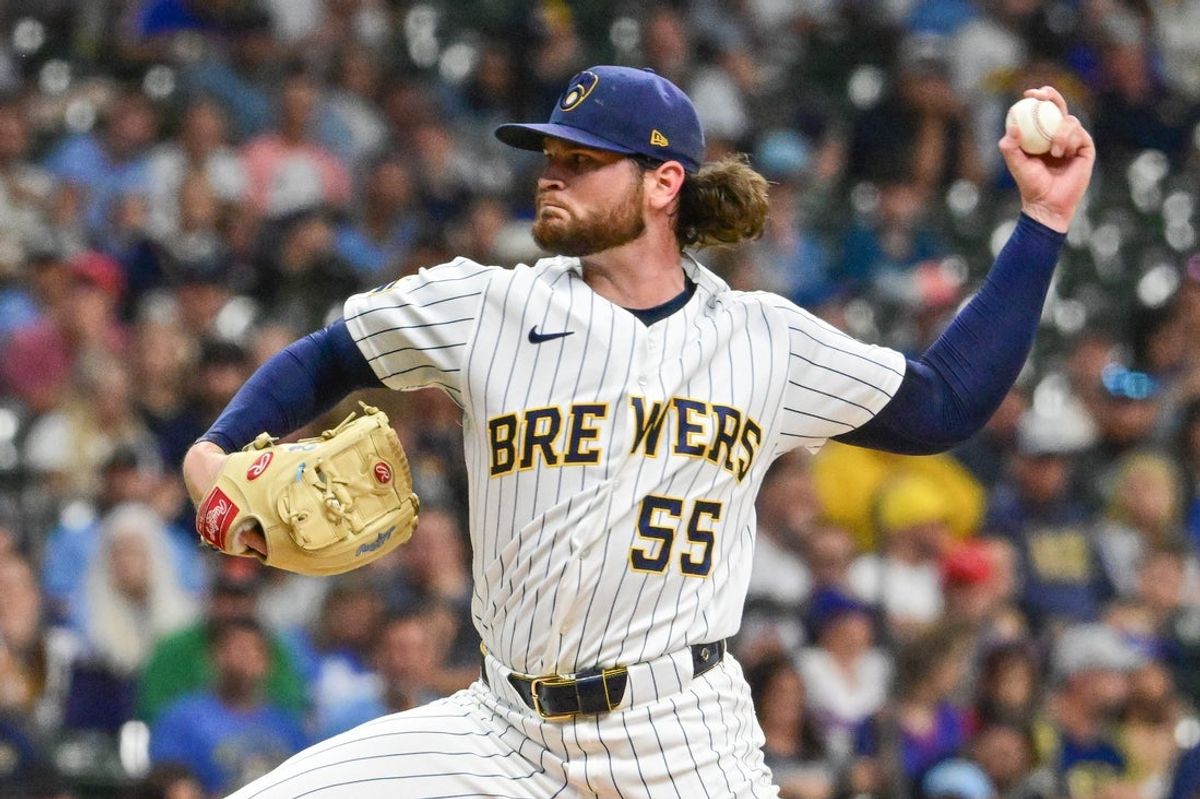 Aug 29, 2026; Milwaukee, Wisconsin, USA;  Milwaukee Brewers starting pitcher Shane Drohan (55) throws a pitch in the first inning against the Texas Rangers at American Family Field.  Mandatory Credit: Benny Sieu-Imagn Images