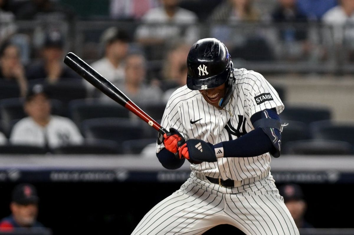 Aug 29, 2026; Bronx, New York, USA;  New York Yankees shortstop George Lombard Jr. (96) grimaces while batting against the Boston Red Sox during the second inning at Yankee Stadium.  Mandatory Credit: John Jones-Imagn Images
