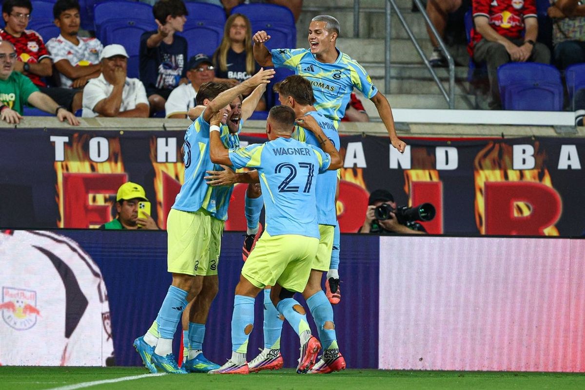 Aug 29, 2026; Harrison, New Jersey, USA; Philadelphia Union forward Milan Iloski (10) celebrates with teammates after his goal against the New York Red Bulls during the first half at Sports Illustrated Stadium. Mandatory Credit: Vincent Carchietta-Imagn Images
