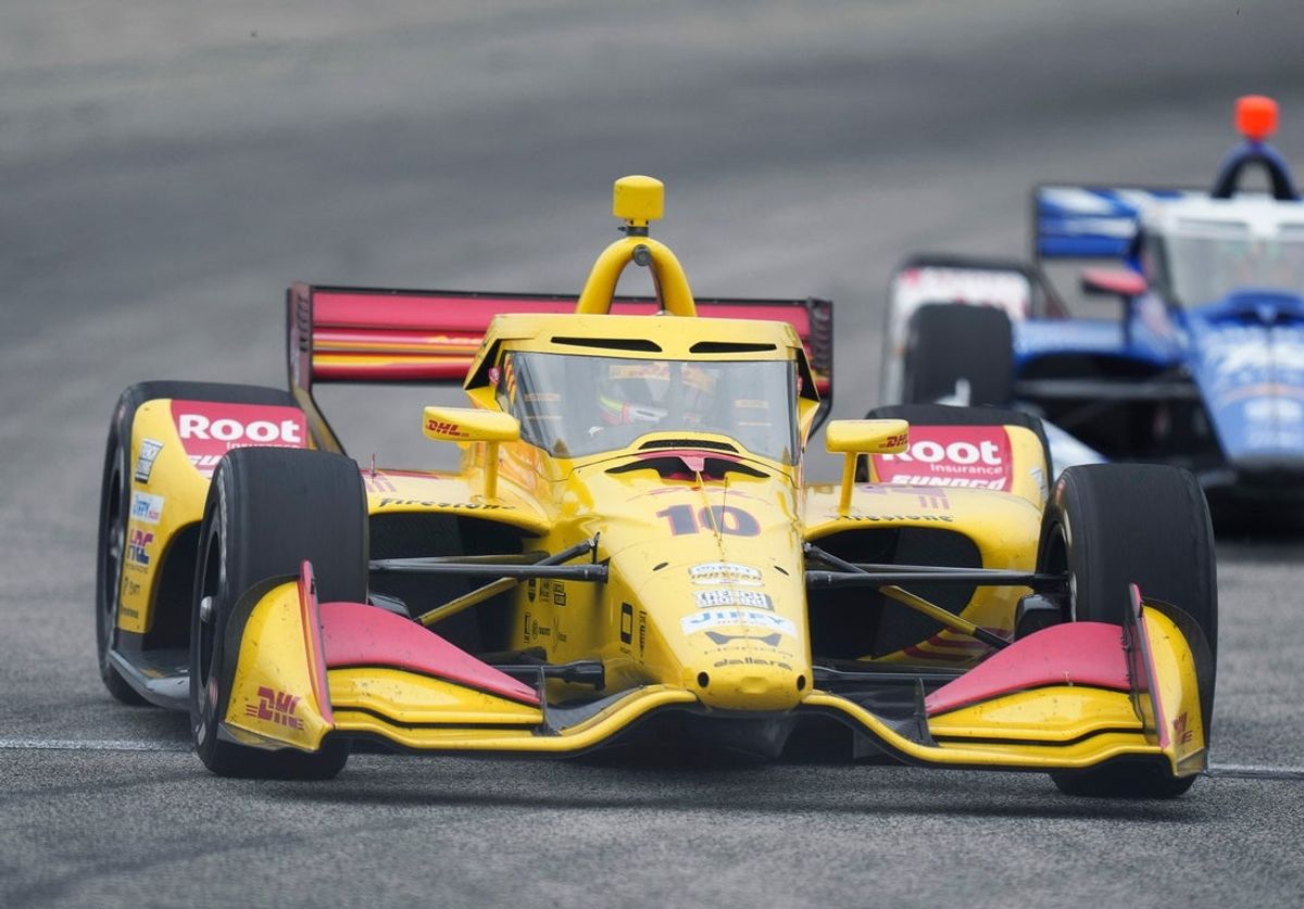 Alex Palou of Chip Ganassi Racing (10) drives into Turn 1 in the NTT IndyCar Series Snap-on Makers and Fixers 250 at the Milwaukee Mile in West Allis, Wisconsin on Aug. 29, 2026.