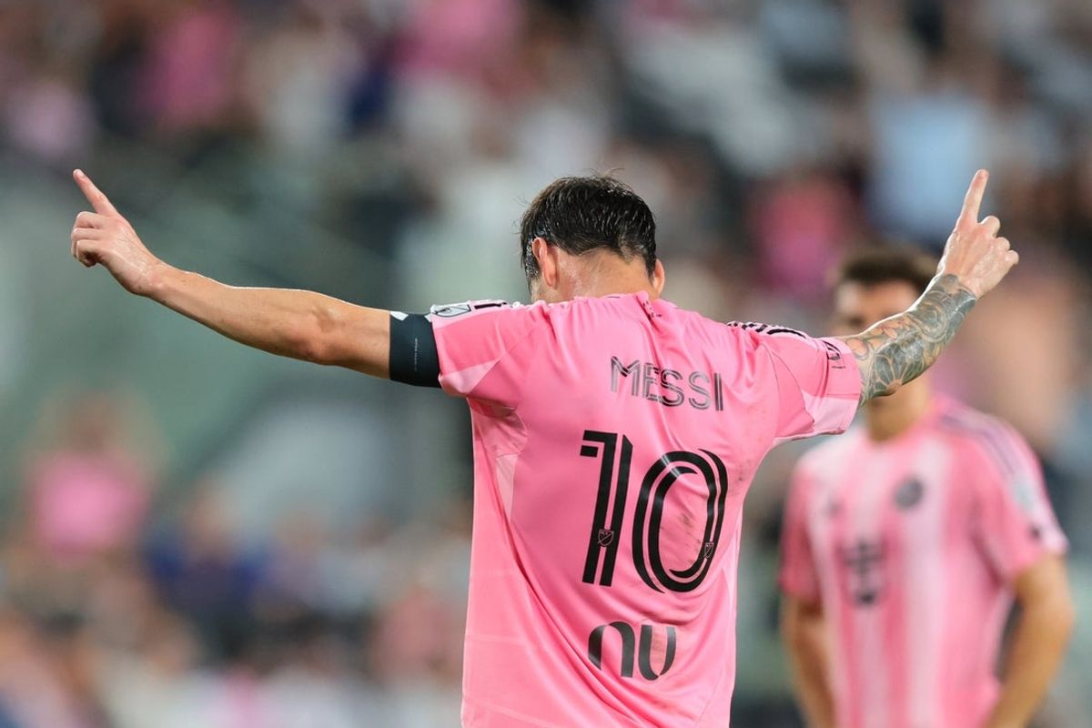 Aug 29, 2026; Miami, Florida, USA; Inter Miami CF forward Lionel Messi (10) celebrates after scoring a free kick against CF Montreal during the second half at NU Stadium. Mandatory Credit: Sam Navarro-Imagn Images