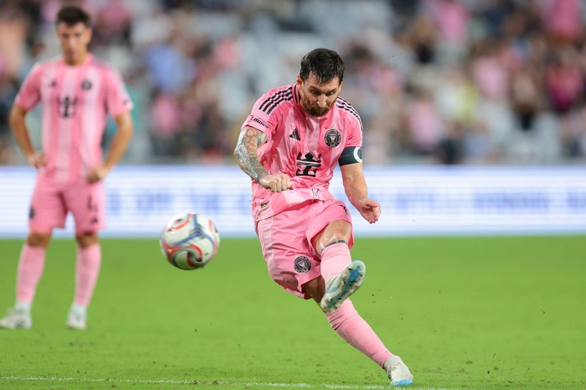 Aug 29, 2026; Miami, Florida, USA; Inter Miami CF forward Lionel Messi (10) scores a free kick against CF Montreal during the second half at NU Stadium. Mandatory Credit: Sam Navarro-Imagn Images