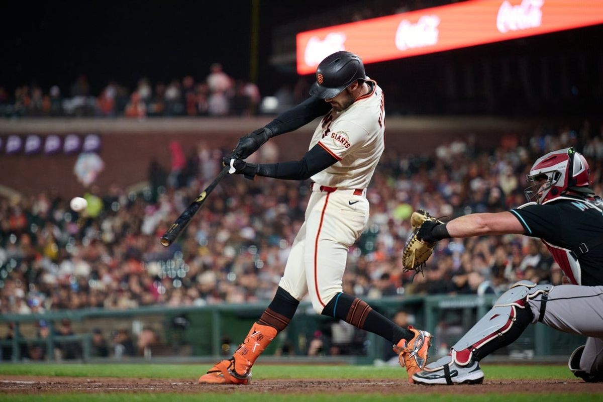 Aug 29, 2026; San Francisco, California, USA; San Francisco Giants designated hitter Bryce Eldridge (8) hits a two-RBI double against Arizona Diamondbacks pitcher Gerardo Carrillo (not pictured) during the fifth inning at Oracle Park. Mandatory Credit: Robert Edwards-Imagn Images