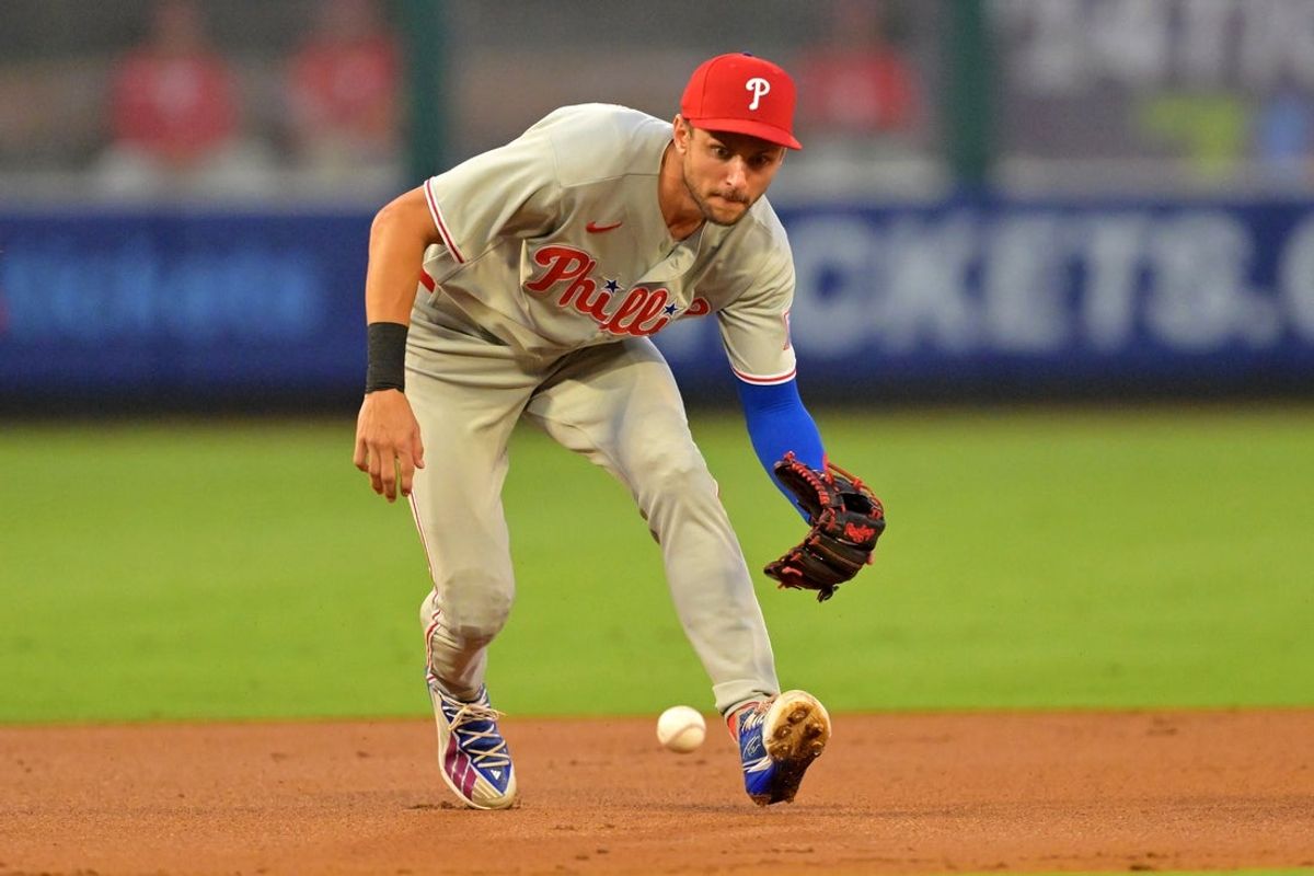 Aug 29, 2026; Anaheim, California, USA;  Philadelphia Phillies shortstop Trea Turner (7) makes a play during the first inning against the Los Angeles Angels at Angel Stadium. Mandatory Credit: Jayne Kamin-Oncea-Imagn Images