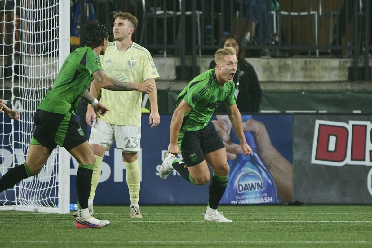 Aug 29, 2026; Portland, Oregon, USA; Austin FC defender Oleksandr Svatok (5) celebrates after scoring the game winning goal during the second half against the Portland Timbers at Providence Park. Mandatory Credit: Troy Wayrynen-Imagn Images