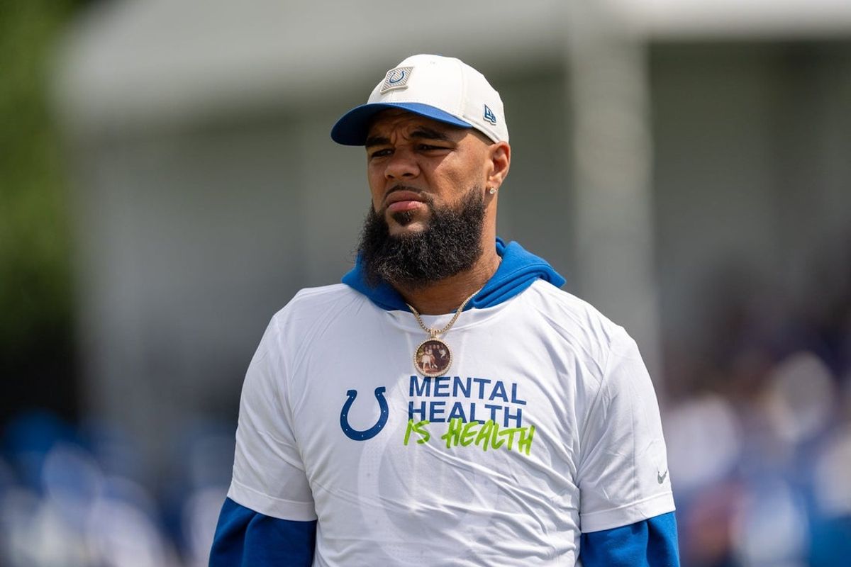 Indianapolis Colts wide receiver Keenan Allen watches from the sidelines at a joint practice with the Atlanta Falcons on Aug. 19.