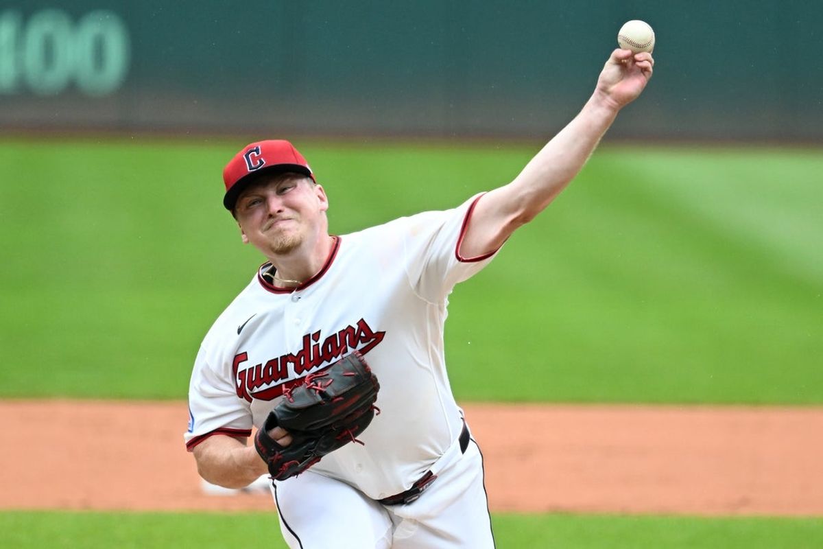 Aug 30, 2026; Cleveland, Ohio, USA; Cleveland Guardians pitcher Parker Messick (77) throws a pitch during the first inning against the Kansas City Royals at Progressive Field. Mandatory Credit: Ken Blaze-Imagn Images