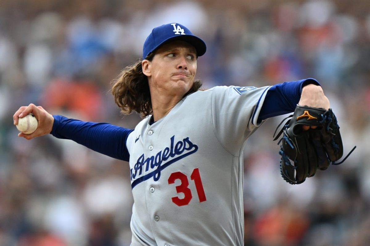 Aug 30, 2026; Detroit, Michigan, USA;  Los Angeles Dodgers starting pitcher Tyler Glasnow (31) throws a pitch against the Detroit Tigers in the first inning at Comerica Park.  Mandatory Credit: Lon Horwedel-Imagn Images