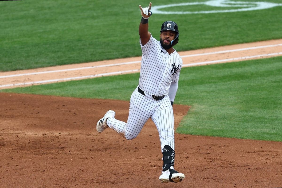 Aug 30, 2026; Bronx, New York, USA;  New York Yankees outfielder Heliot Ramos (34) reacts after hitting a home run during the fifth inning against the Boston Red Sox at Yankee Stadium.  Mandatory Credit: Vincent Carchietta-Imagn Images