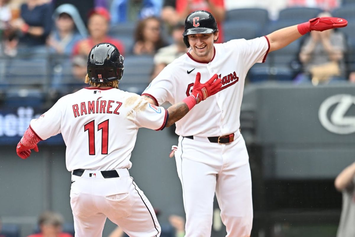 Aug 30, 2026; Cleveland, Ohio, USA; Cleveland Guardians designated hitter Jose Ramirez (11) celebrates with right fielder Chase DeLauter (24) after hitting a two-run home run during the fourth inning against the Kansas City Royals at Progressive Field. Mandatory Credit: Ken Blaze-Imagn Images