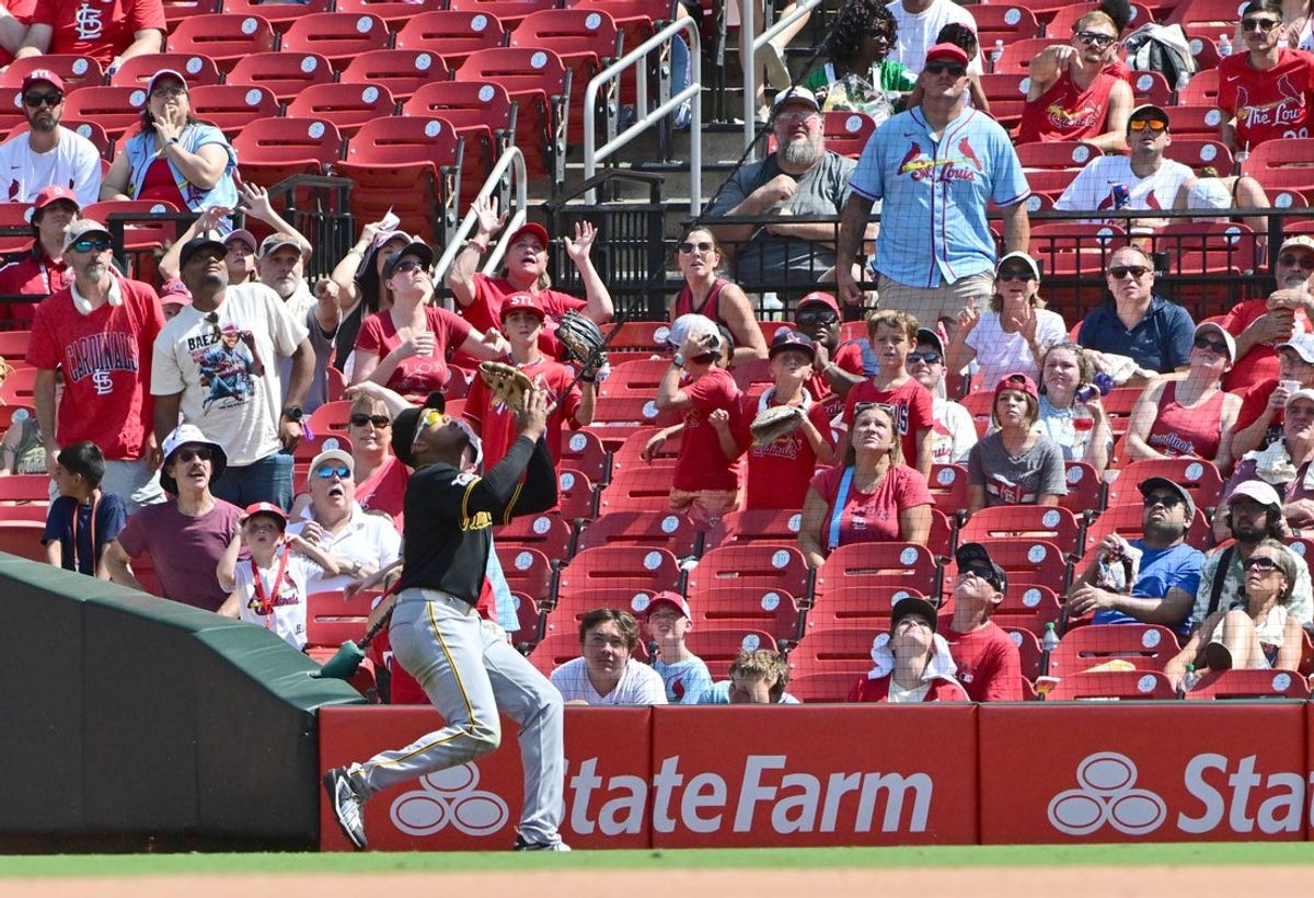 Aug 30, 2026; St. Louis, Missouri, USA;  Pittsburgh Pirates right fielder Esmerlyn Valdez (55) gets underneath a pop fly down the first base line against the St. Louis Cardinals in the fourth inning at Busch Stadium.  Mandatory Credit: Tim Vizer-Imagn Images
