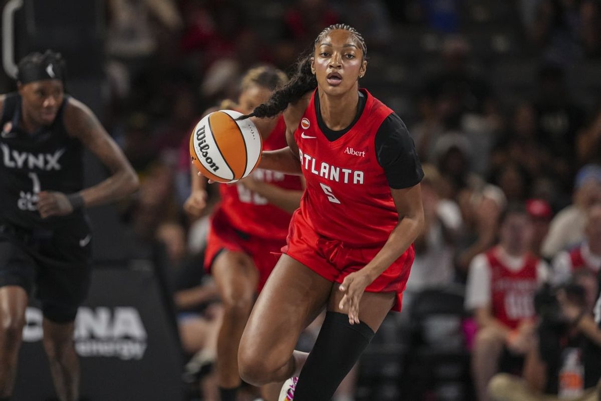 Aug 30, 2026; College Park, Georgia, USA; Atlanta Dream forward Angel Reese (5) brings the ball up the court against the Minnesota Lynx during the first half at Gateway Center Arena at College Park. Mandatory Credit: Dale Zanine-Imagn Images