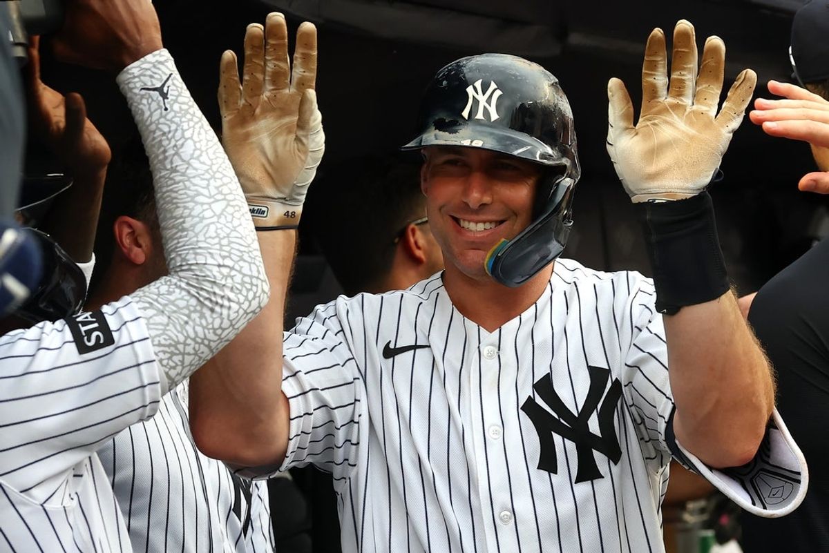 Aug 30, 2026; Bronx, New York, USA;  New York Yankees first base Paul Goldschmidt (48) is congratulated by teammates after hitting a home run during the eighth inning against the Boston Red Sox at Yankee Stadium.  Mandatory Credit: Vincent Carchietta-Imagn Images
