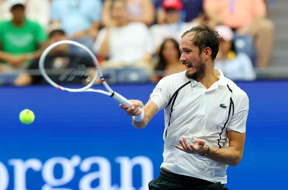 August 30, 2026; New York, United States; Russia's Daniil Medvedev in action during his first round match against France's Hugo Gaston.  Mandatory Credit: Mike Segar-Reuters via Imagn Images
