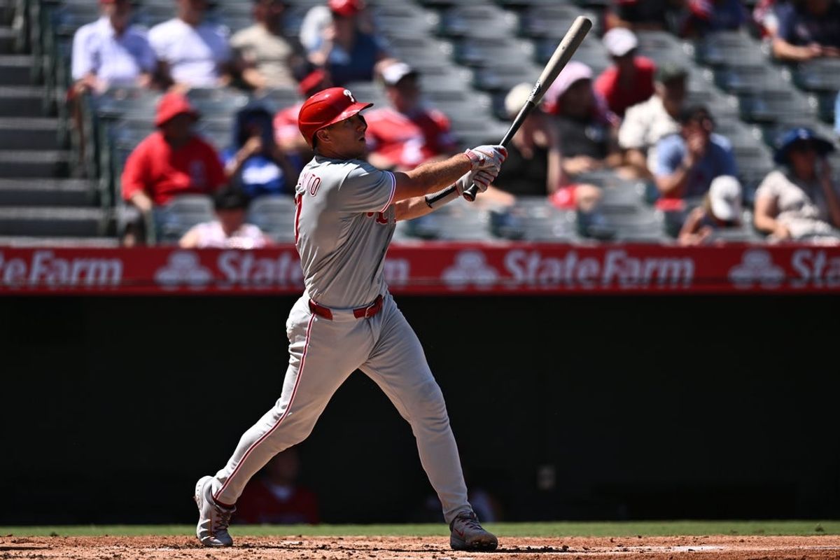 Aug 30, 2026; Anaheim, California, USA;  Philadelphia Phillies catcher J.T. Realmuto (10) watches his solo home run during the third inning against the Los Angeles Angels at Angel Stadium.  Mandatory Credit: William Liang-Imagn Images