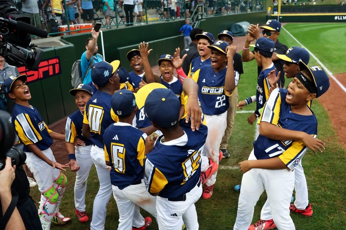 Aug 30, 2026; South Williamsport, PA, USA;  Curacao Region players cheer on the field after defeating the Mountain Region 11-2 to win the Little League World Series championship game at Howard J. Lamade Stadium.  Mandatory Credit: Matthew O'Haren-Imagn Images