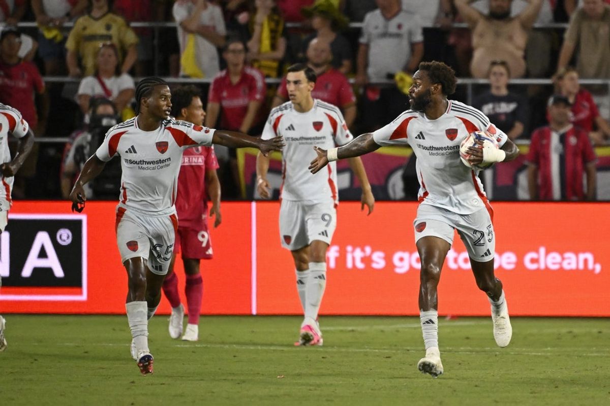 Aug 30, 2026; St. Louis, Missouri, USA;  FC Dallas defender Sebastien Ibeagha (25) is congratulated by FC Dallas midfielder Kaick Ferreira (55) after scoring against St. Louis CITY SC in the second half at Energizer Park.  Mandatory Credit: Joe Puetz-Imagn Images